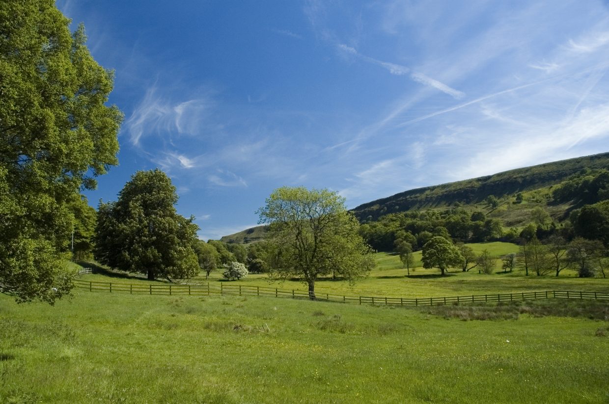 Green fields and blue sky with moor in background