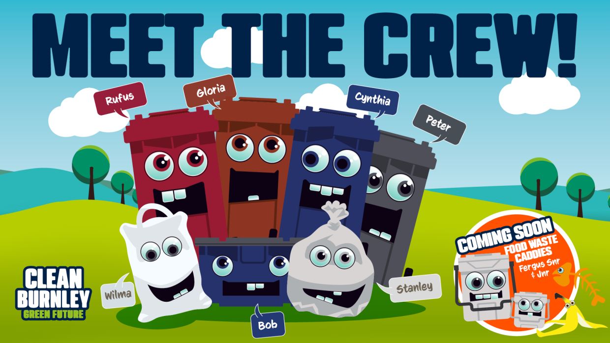 meet the crew - cartoon image of all the burnley council recycling equipment