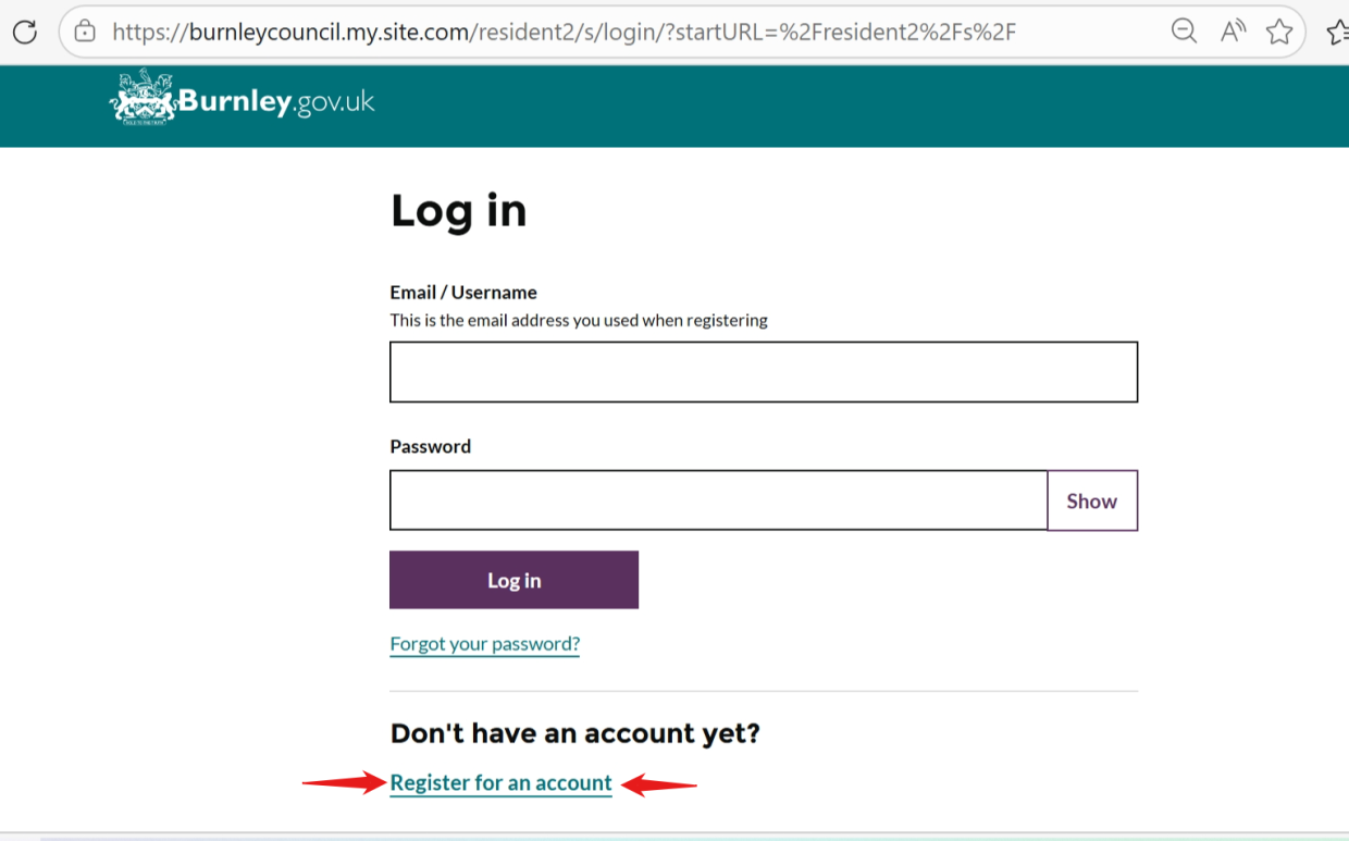 Image of the log in page for Burnley Council online services (the digital services hub)